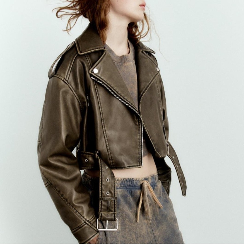 ZARA LIKE NEW BROWN CHARCOAL FAUX LEATHER BIKER JACKET. 4341/816-826, XS SMALL